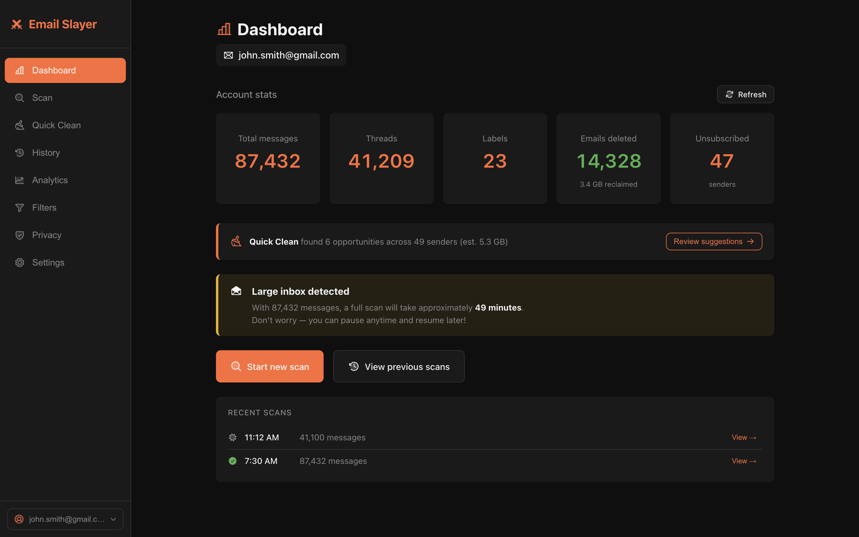 Email Slayer dashboard showing total messages, threads, labels, and recent scan activity for a large Gmail inbox