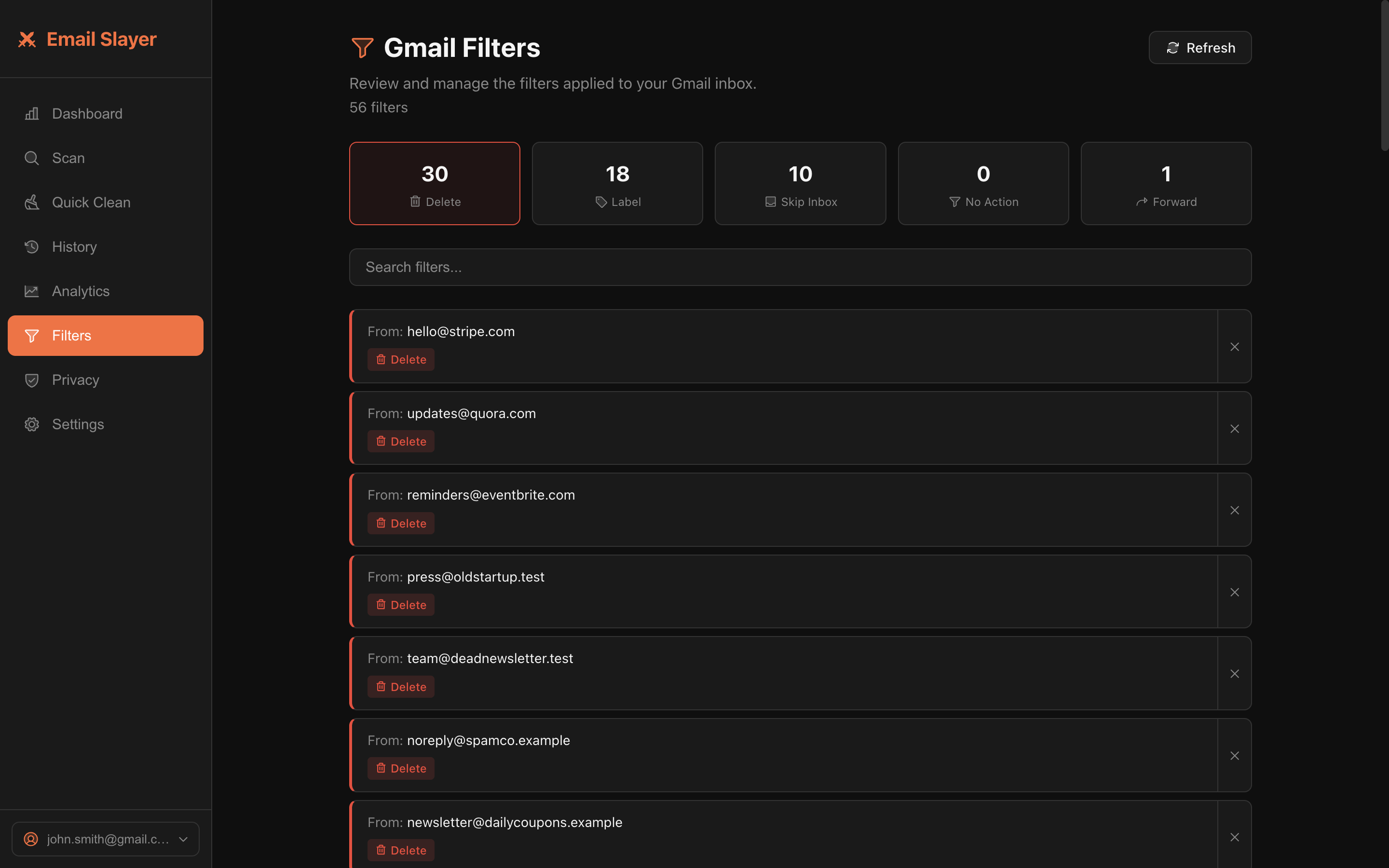 Gmail filters page showing dozens of active filters auto-routing email by category